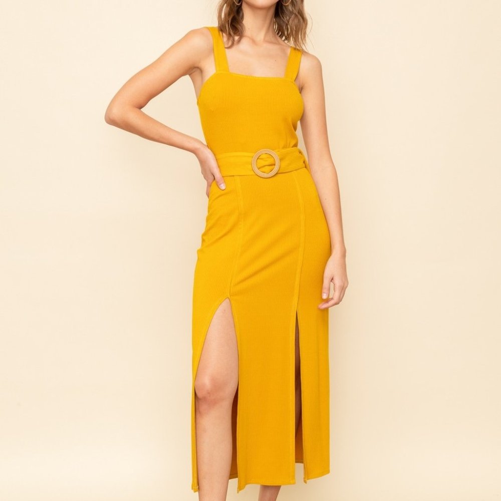 Soft touch ribbed square neck belted slit midi dre